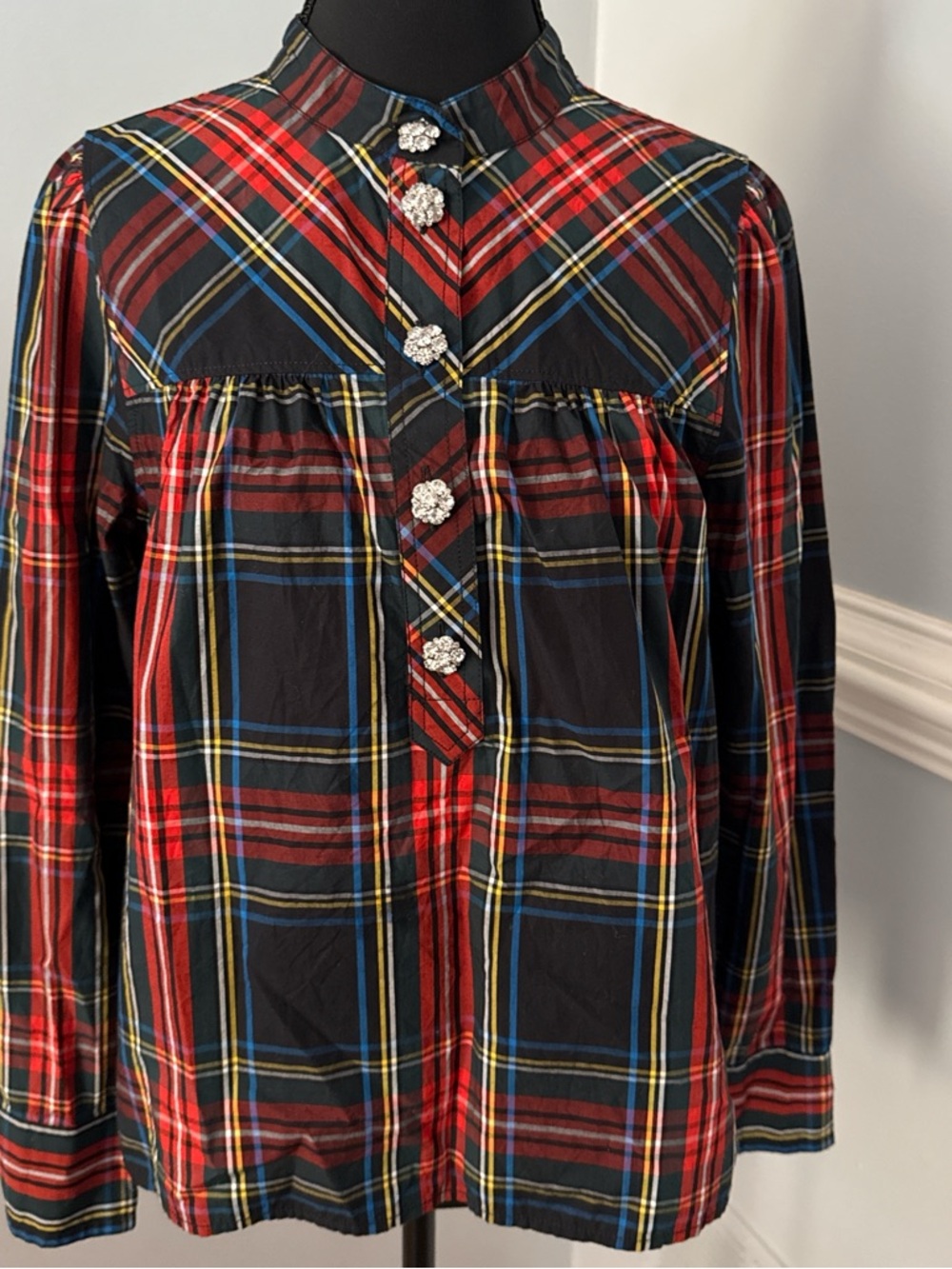 J. Crew Womens Red, Black & Yellow Plaid Button-Up Top with Jewel Buttons